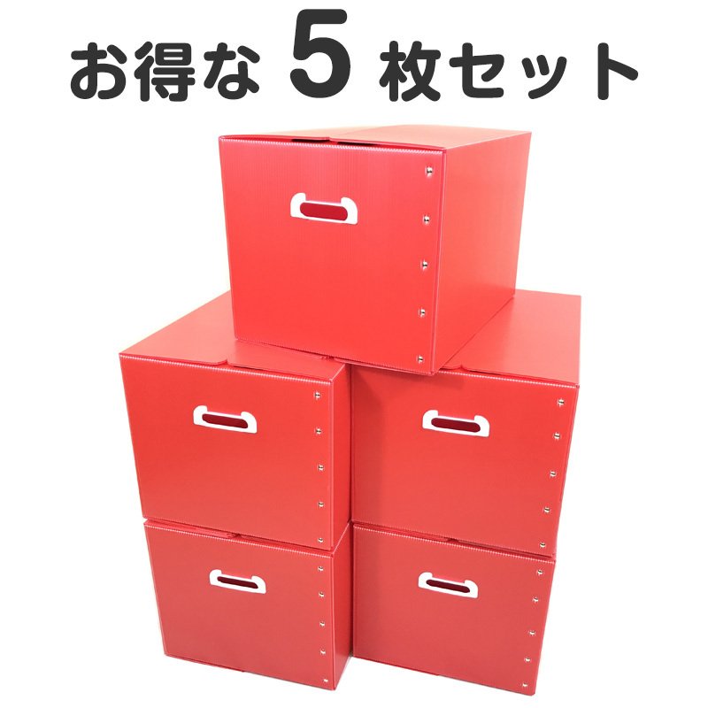 タチバナ産業 折りたたみ式プラダン製収納 BOX 5枚セット (レッド) 53cm×38cm×33cm 取っ手付き 薄型 折りたたみ マジックテープ 収納上手 書類整理 箱 テレワーク 蓋付き 在宅避難 会社 オフィス 梱包 樹脂製